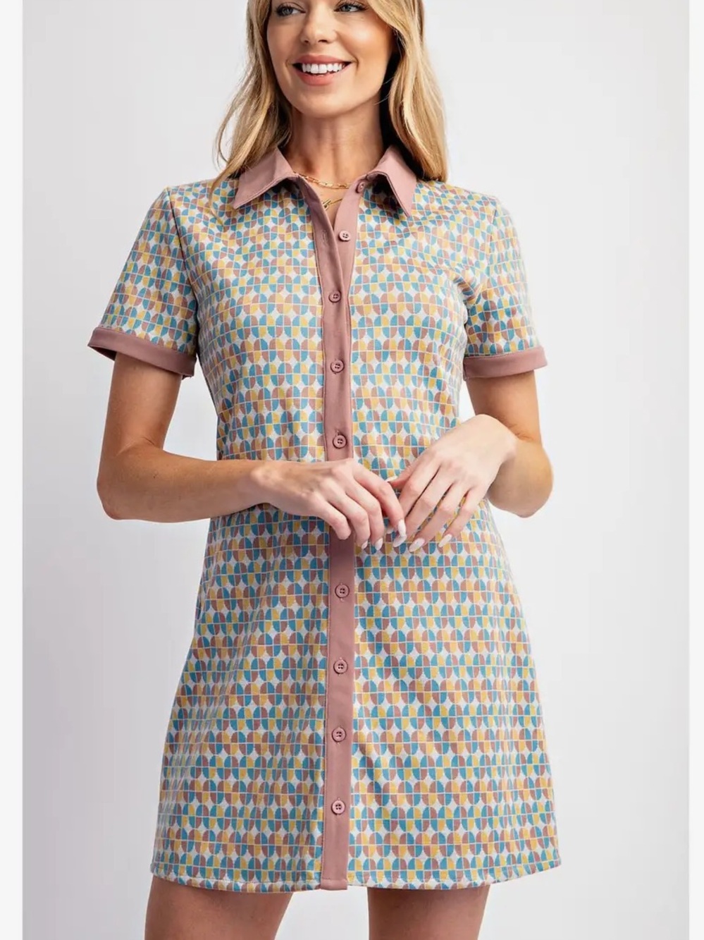 Retro Print Button-Front Mini Dress in Dusty Rose Trim